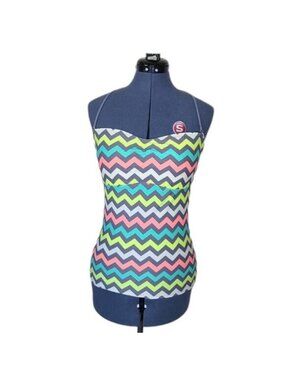 Hot Water Tankini Top Women's Large Neon Pastel Chevron Print Halter Swim Top